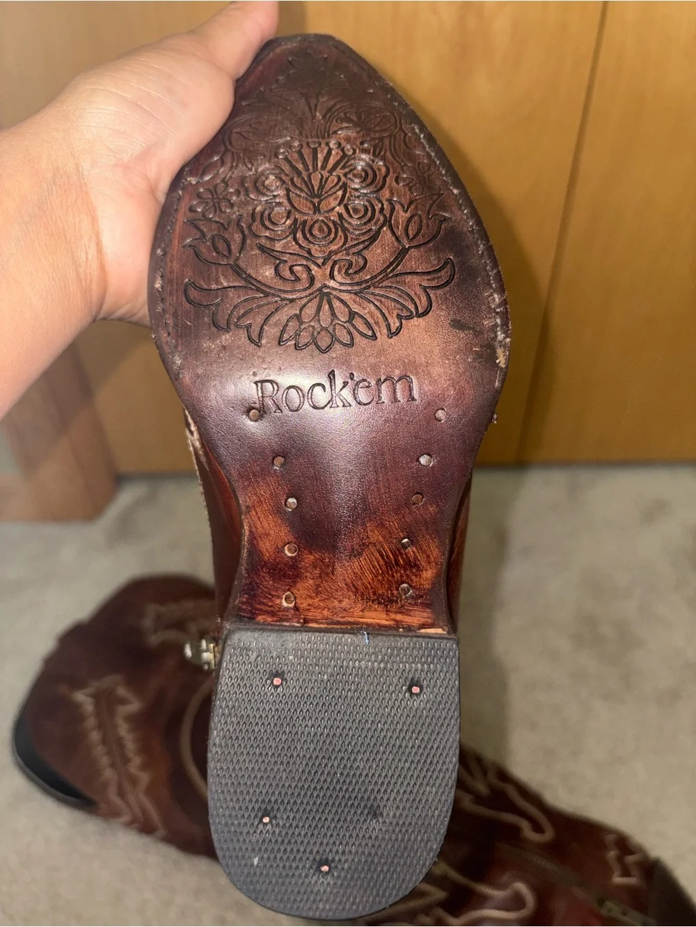 Never worn, New w/o tags Rock’em Cowboy Boots with Brown Pull Tabs over the knee
